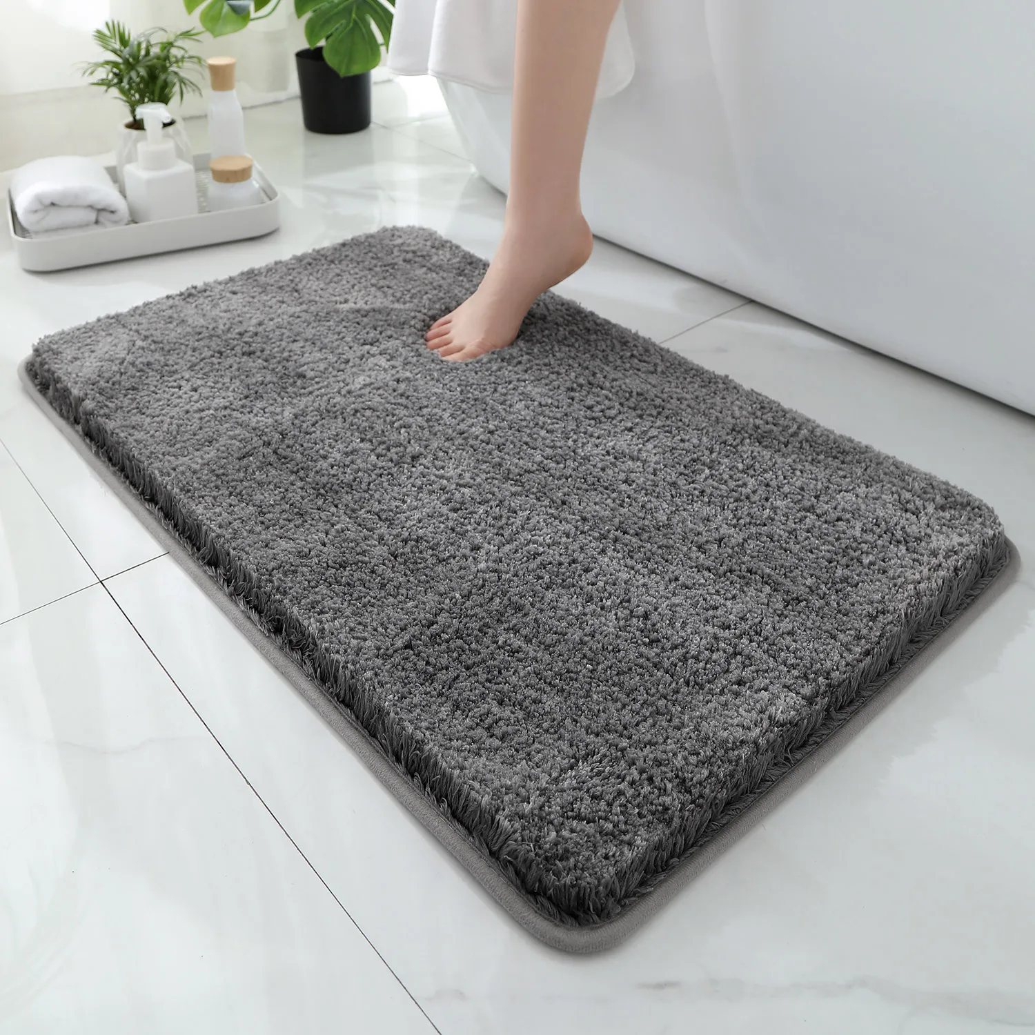 Bamboo Bath Mat - 丸みを帯びた厚みのあるバスルームフロアマット、バスタブ吸収マット、豪華な素材、滑り止めフットマット、玄関ドアマット、バスルーム
