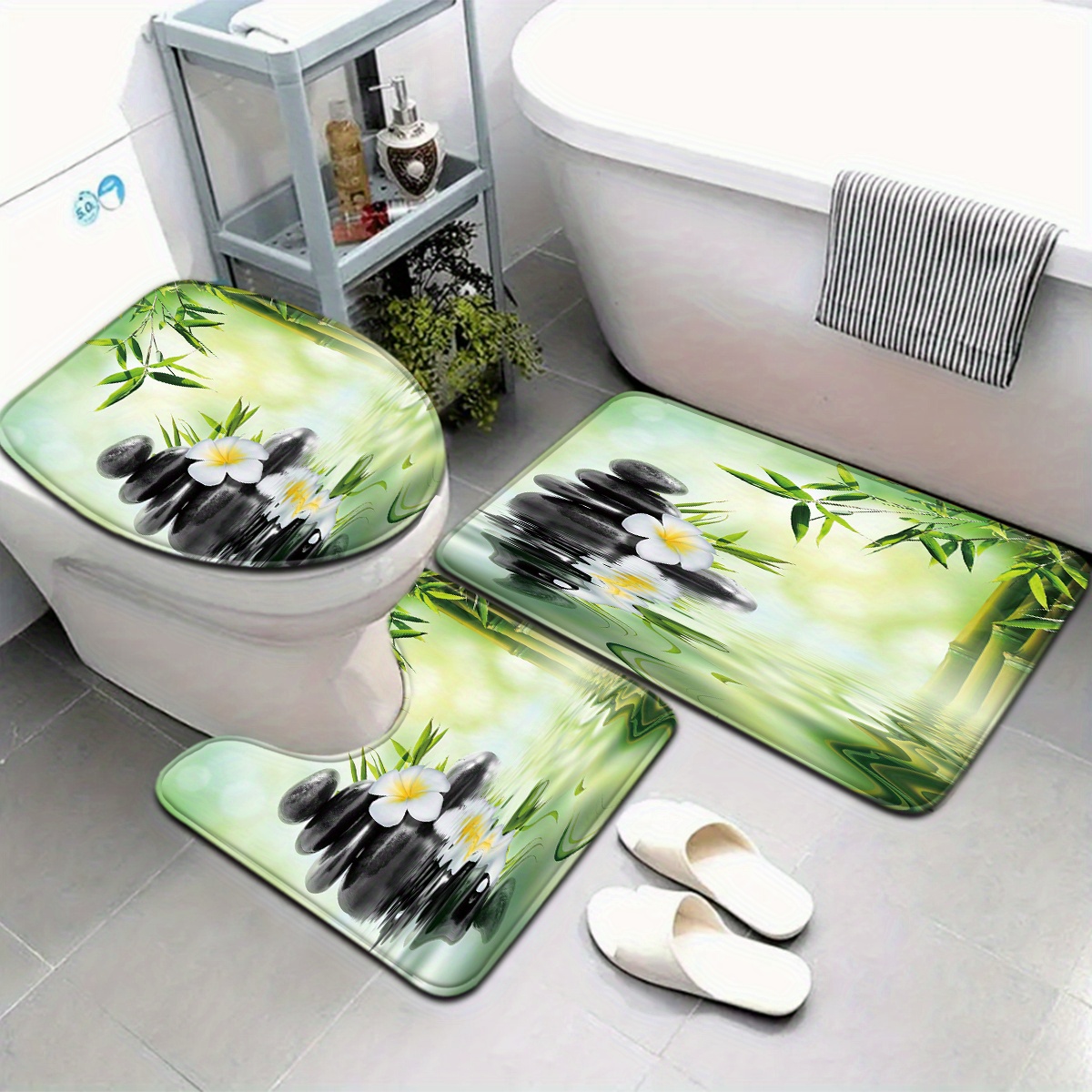 Bamboo Bath Mat - 中国の竹の水の特徴の便座とバスマットの3点セット - フランネル、ポリエステル、色あせしにくい、長方形